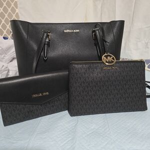 Michael Kors Black Saffiano Leather Tote with Matching Crossbody and Wallet